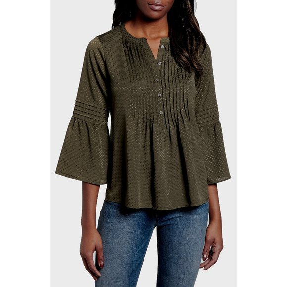 NWT Womens Size Small or Medium Cece Green Swiss Dot Satin Pintuck Blouse Top - Picture 1 of 4